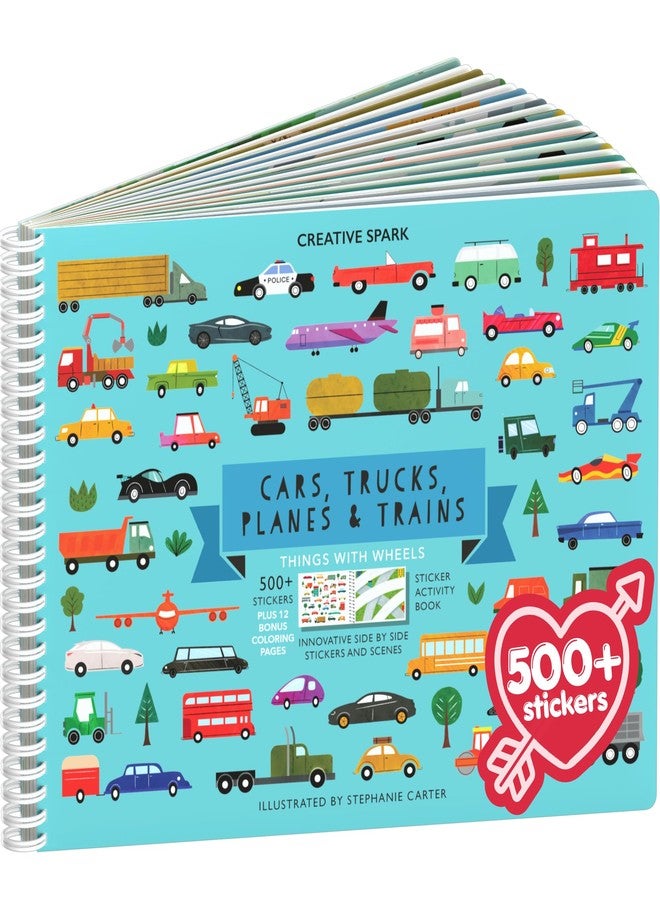 CUPKIN Sticker Book for Kids 2-4, 500+ Kids Stickers, Cars, Trucks, Planes & Trains 12 Coloring Pages 12 Side by Side Scenes, Fun Toddler Travel Activity Coloring and Sticker Books for Ages 4-8 + 8-10 - Image 1